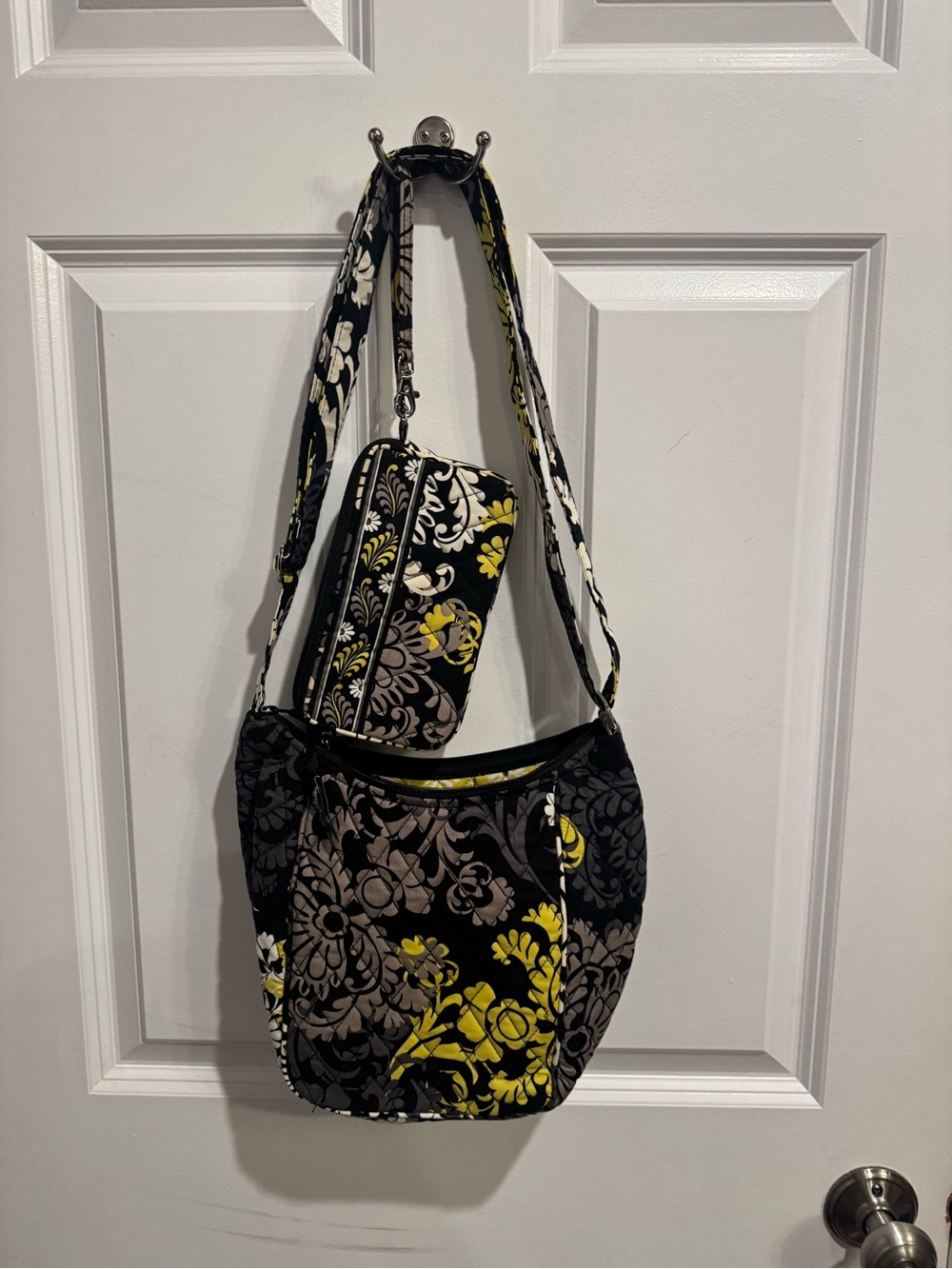 Vera Bradley Black Yellow and Gray Floral Quilted Shoulder Bag with Wristlet